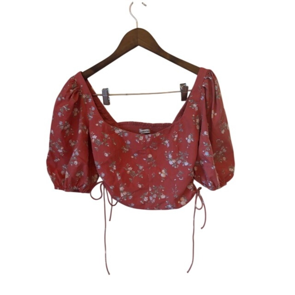 Abercrombie & Fitch Red Floral Puff Sleeve Ruched Cinch Crop Top Medium